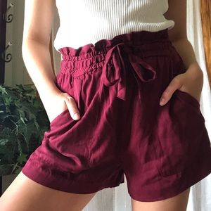 H&M paper bag waist burgundy shorts